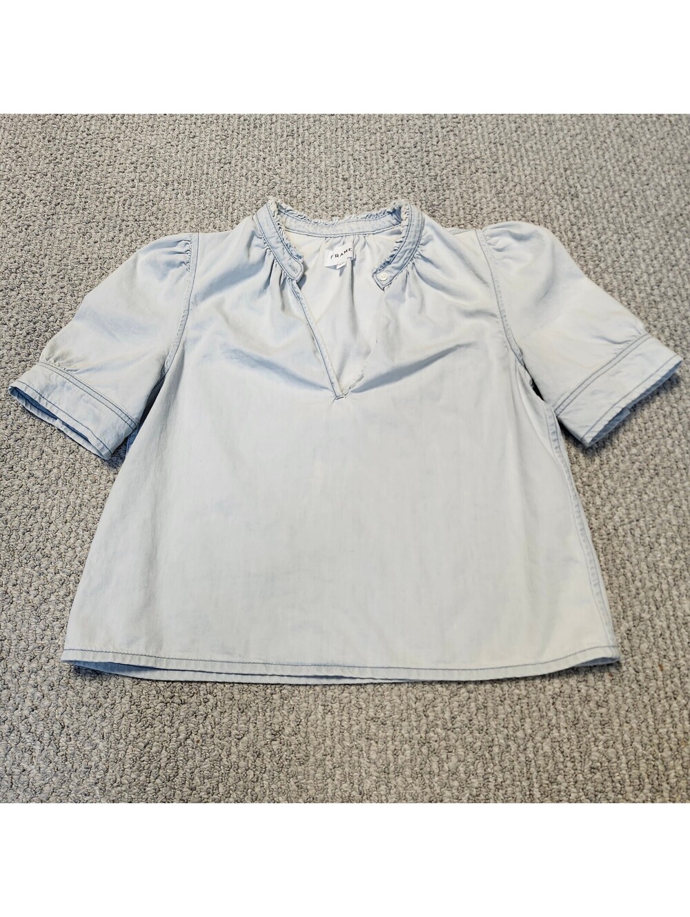 FRAME Light Blue Cotton Blouse with Frayed Collar and Puff Sleeves Size M